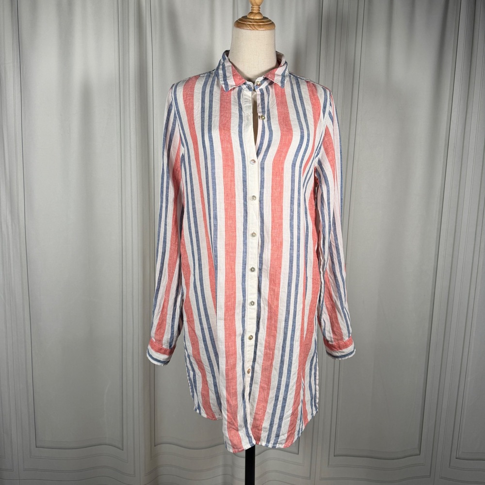 Artisan NY 100% Linen Striped Button-Down Shirt Dress Muted Coastal Tunic-Medium - Picture 3 of 13